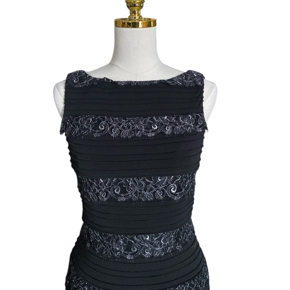 CALVIN KLEIN Black w/ Silver Trim Lace Pleated Mini Cocktail Sleeveless Dress 4 - Picture 6 of 8